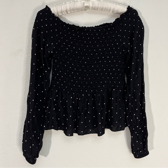 Japna Black Blouse White Polka Dot Off the Shoulder Smocked Long Sleeve Top Sz S - Picture 3 of 8